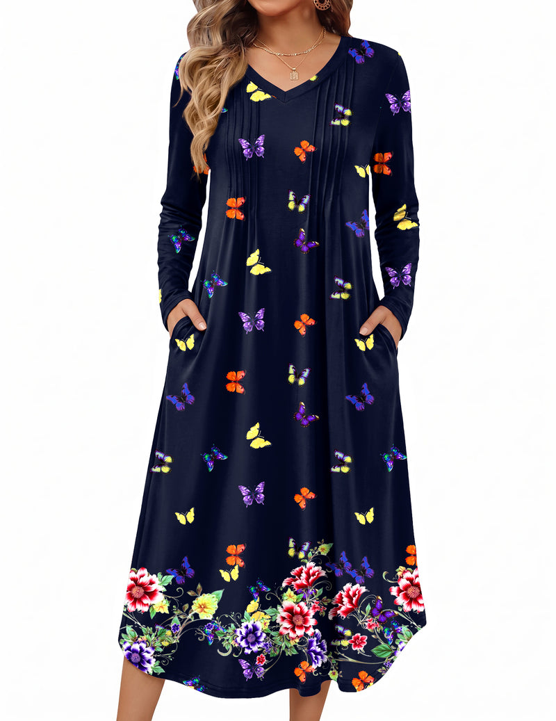 Navy long-sleeve V-neck nightgown with colorful butterflies and floral border, side pockets