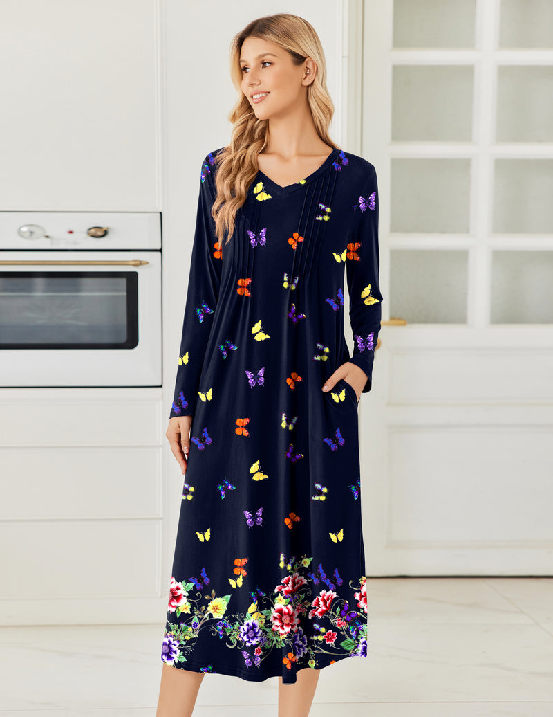 Navy long-sleeve V-neck nightgown with colorful butterflies and floral border, side pockets