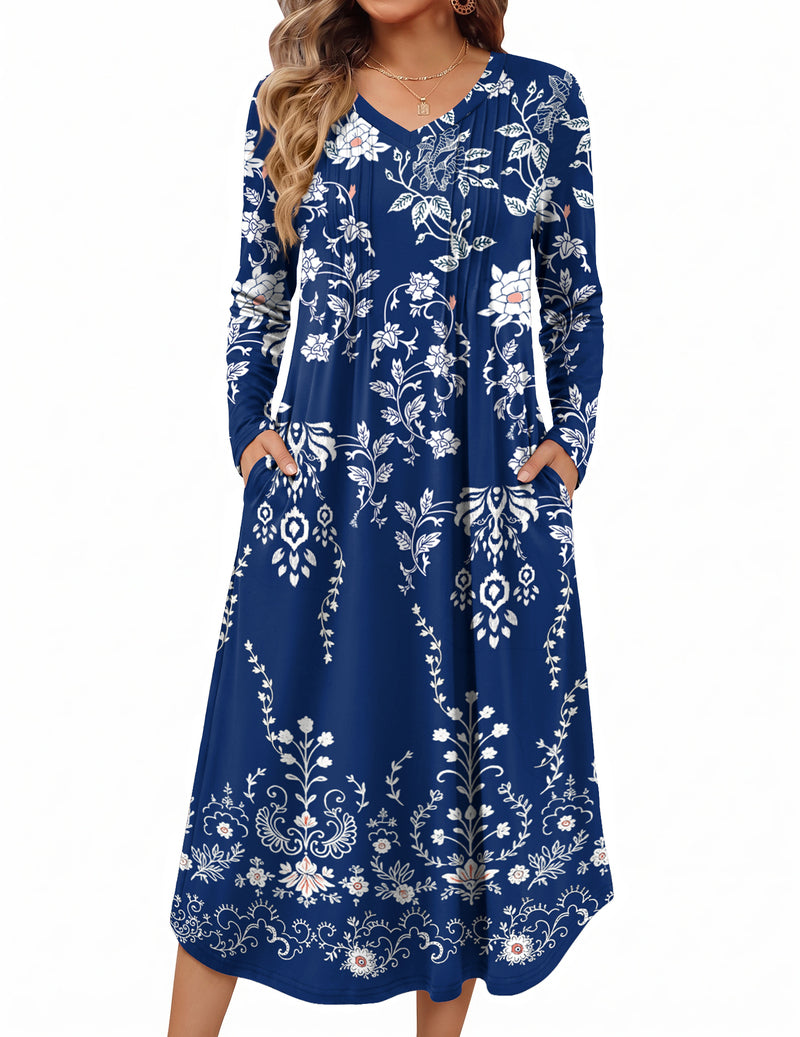 Long-sleeve navy floral pleated nightgown with V-neck and side pockets
