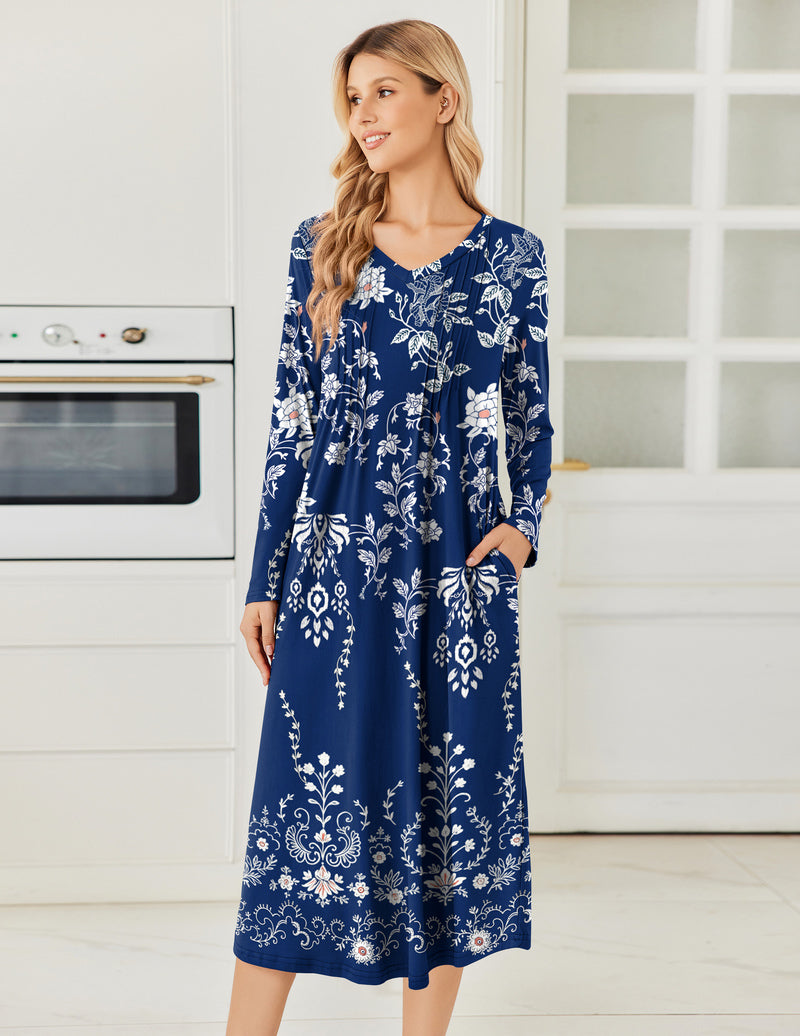 Long-sleeve navy floral pleated nightgown, V-neck, ankle-length hem