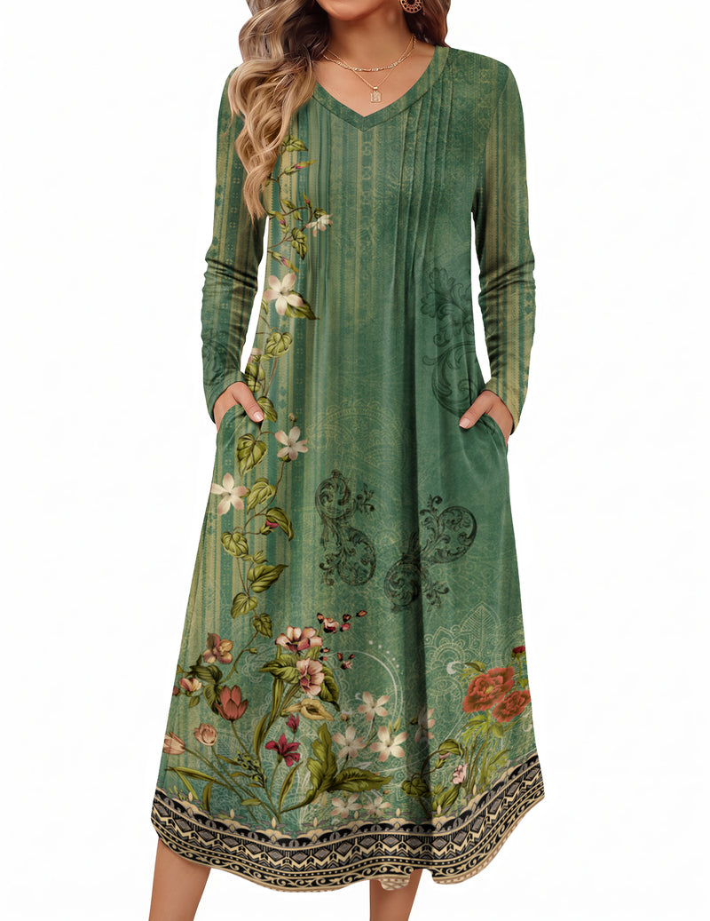 Long-sleeve green floral nightgown with V-neck and gathered skirt