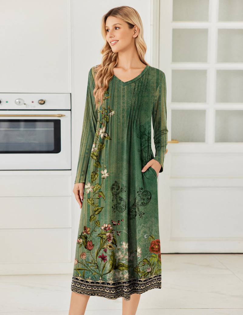 Long-sleeve green floral nightgown with V-neck and patterned border hem