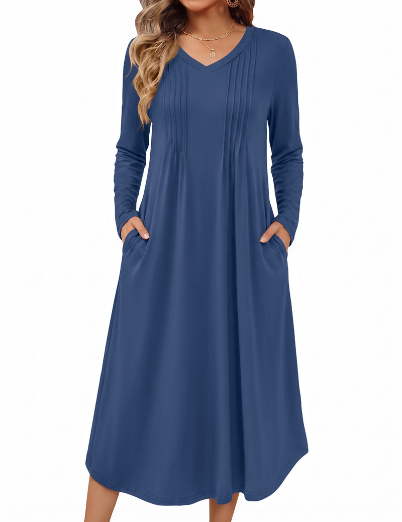 Long-sleeve solid blue nightgown with V-neck and relaxed A-line skirt