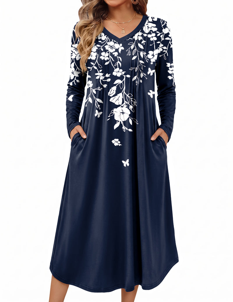 Long-sleeve navy floral nightgown with V-neck and allover white blossoms