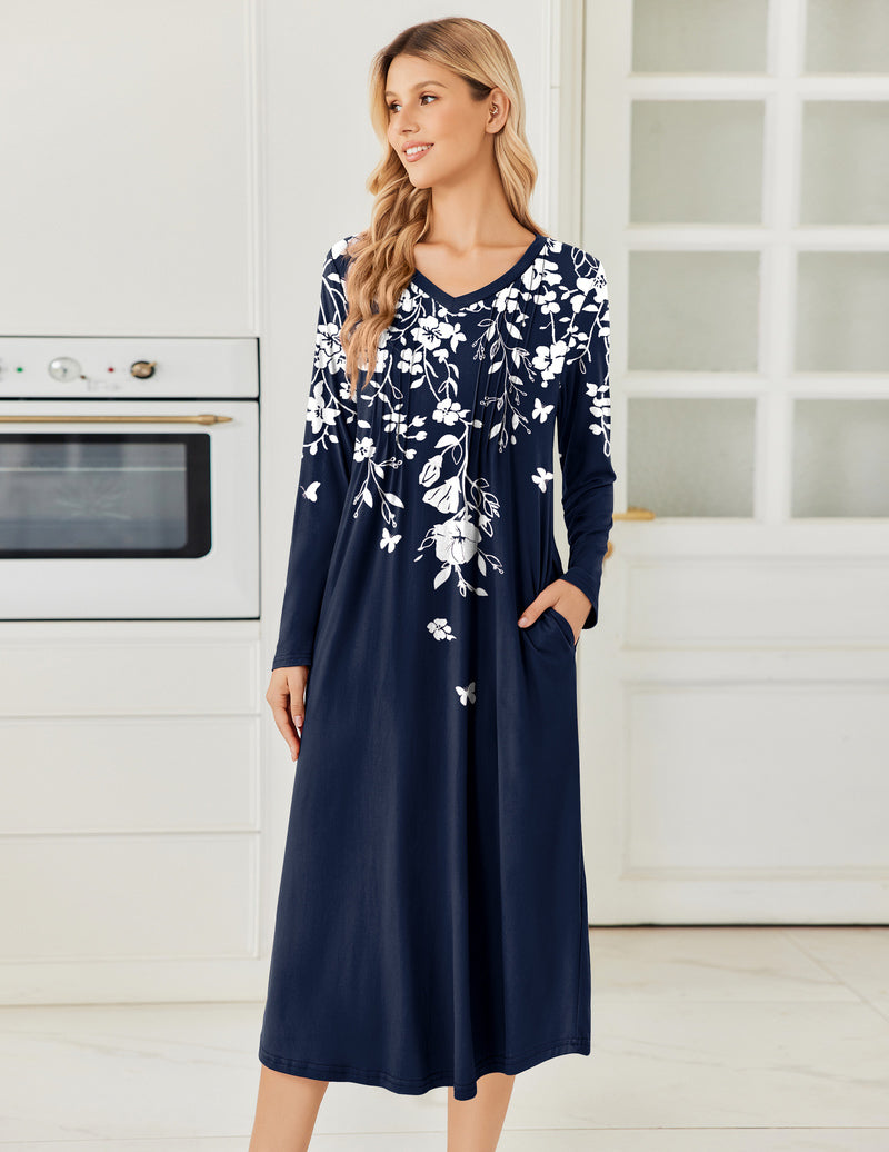 Long-sleeve navy floral nightgown with V-neck and flowing pleated skirt