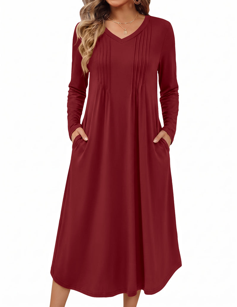 Long-sleeve burgundy nightgown with V-neck and vertical pleated front