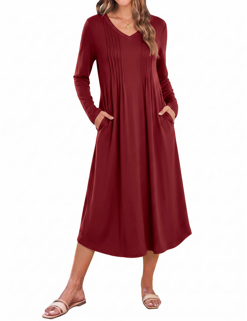 Long-sleeve burgundy nightgown with V-neck, side slits, and A-line shape