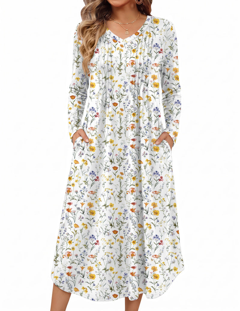 Long-sleeve white floral nightgown with V-neck and gathered A-line skirt