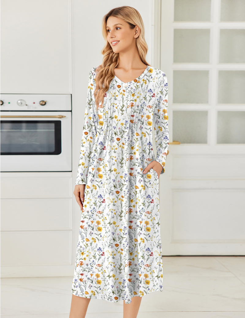 Floral pleated long-sleeve nightgown with pockets, white with multicolor print