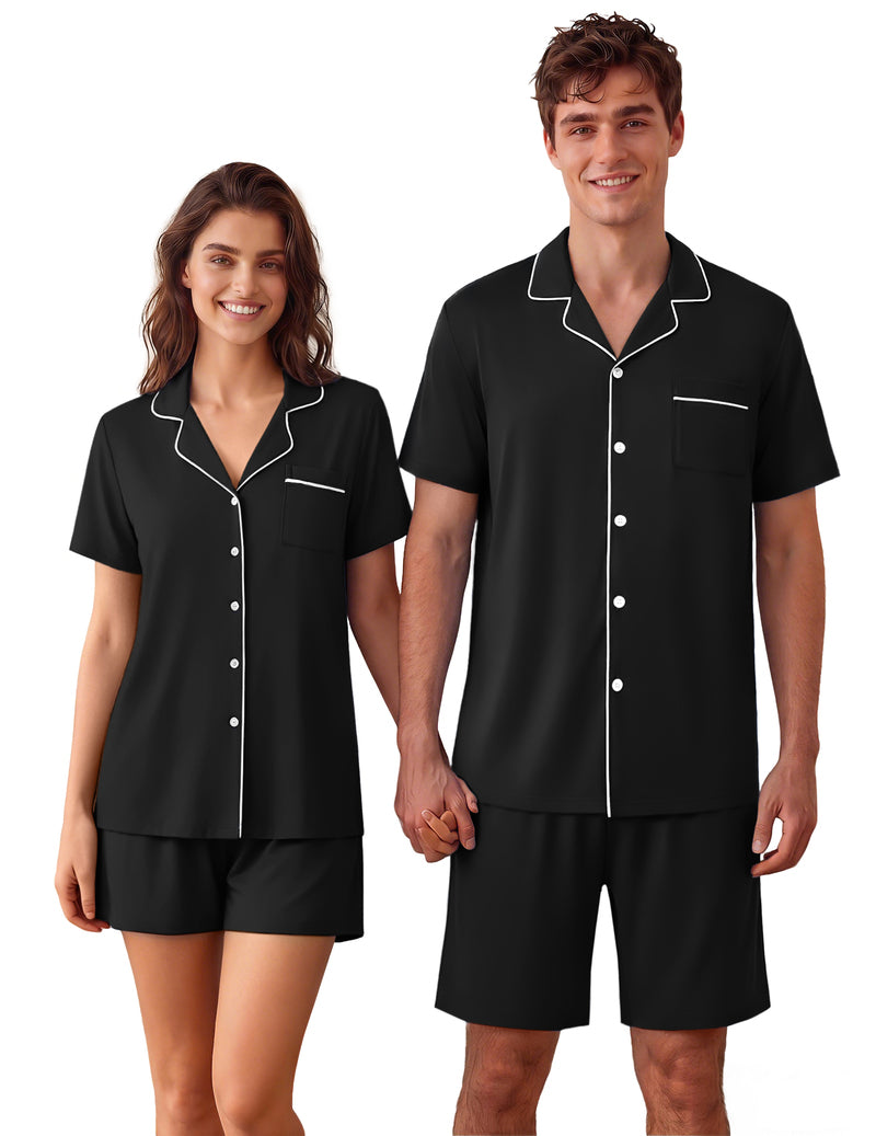 Men's short-sleeve button-up pajama set in black with shorts and white trim