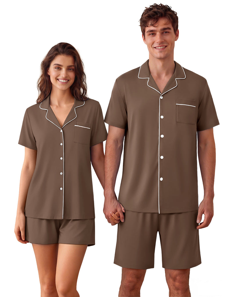 Men's short-sleeve button-up pajama set in brown with matching shorts and white trim