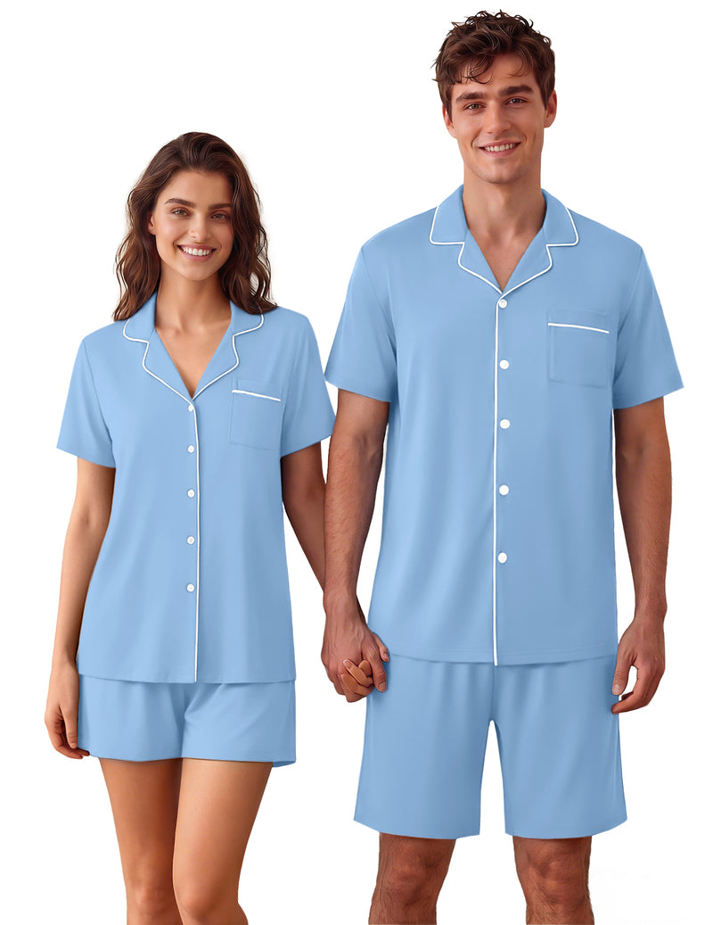 Men's light blue pajama set: short-sleeve button-up with matching shorts, couple view