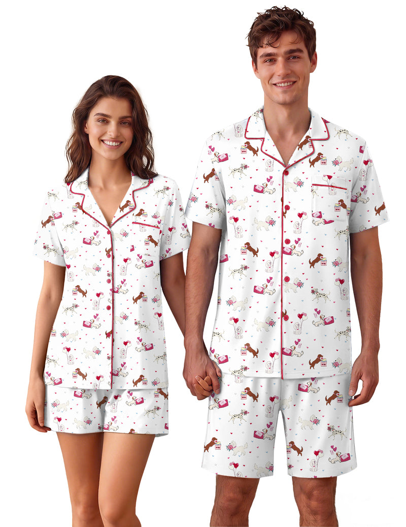 Men's short-sleeve button-up pajama set with white base and red print, matching shorts