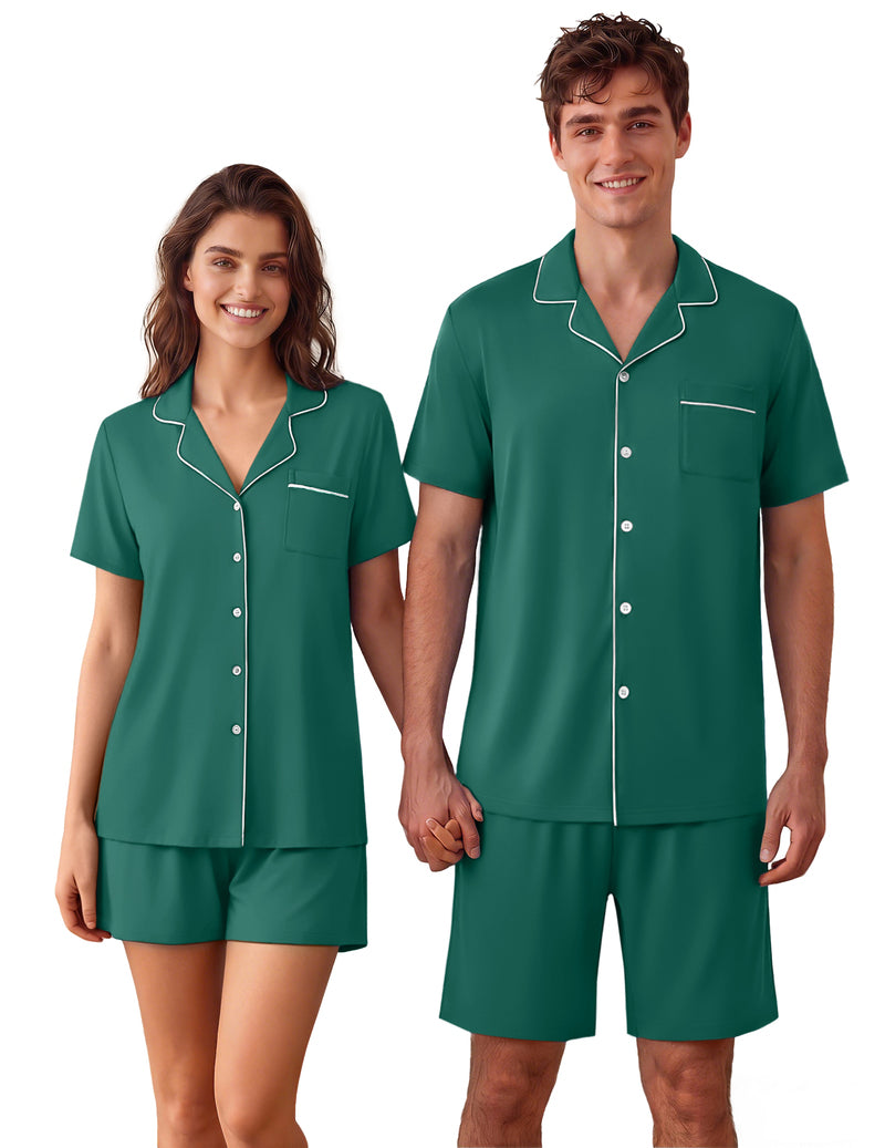 Men's short-sleeve button-up pajama set in green with matching shorts and white trim