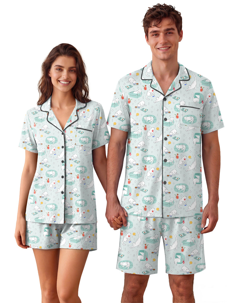 Men's short-sleeve button-up pajama set in light blue with colorful print and shorts