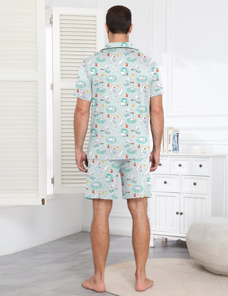Men's light blue printed pajama set, back view with short sleeves and matching shorts