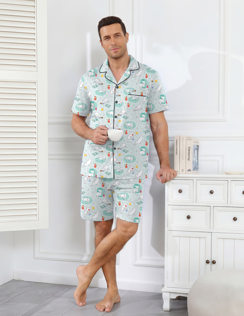 Men's light blue printed short-sleeve pajama set with matching shorts and white trim