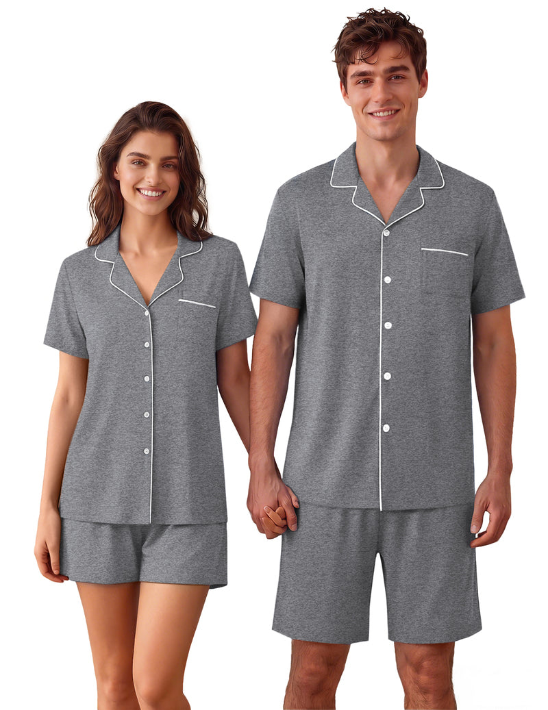 Men's short-sleeve button-up pajama set in gray with matching shorts and white trim