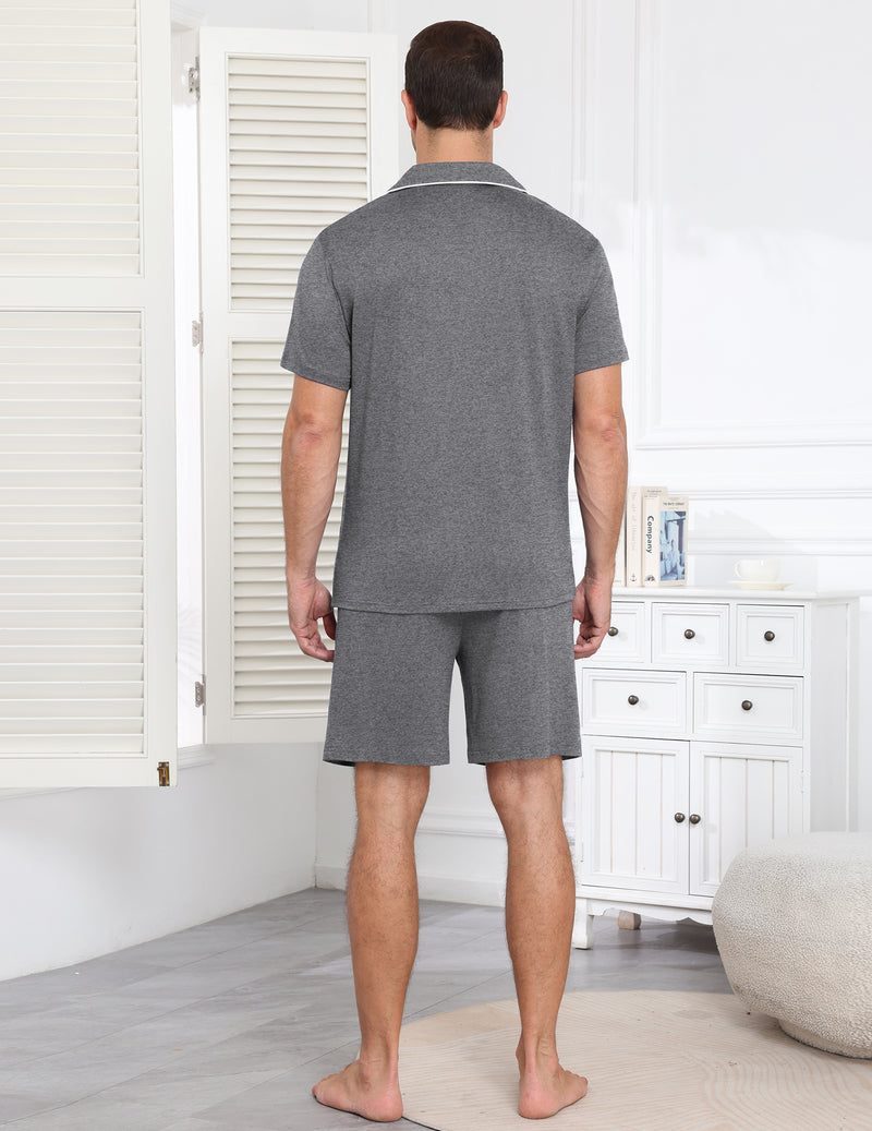 Gray short-sleeve button-up pajama set with matching shorts, rear view
