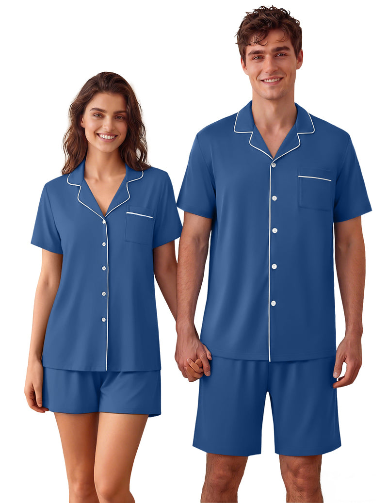 Men's blue pajama set: short-sleeve button-up with matching shorts, couple view