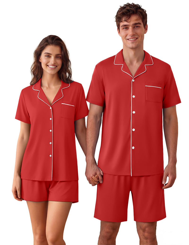 Men's red pajama set: short-sleeve button-up with matching shorts, couple view