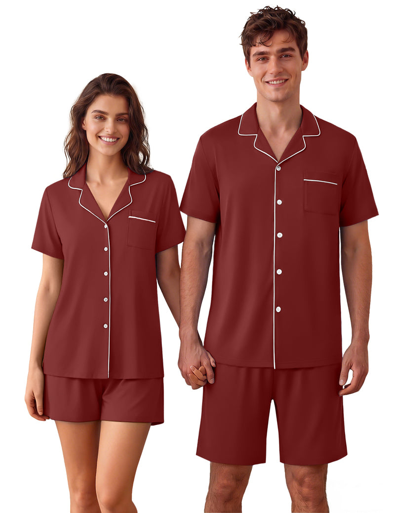 Men's burgundy pajama set: short-sleeve button-up with matching shorts, couple view