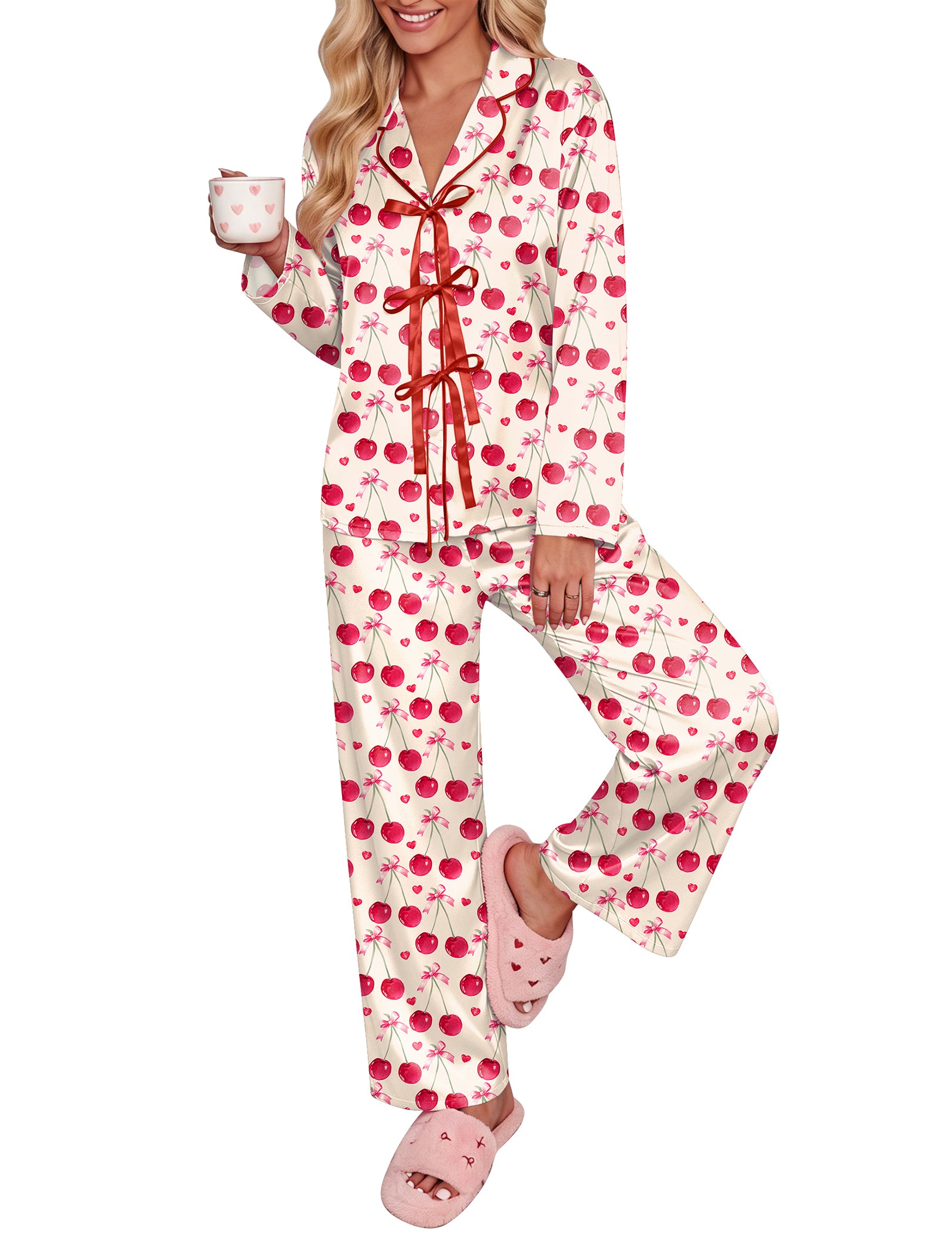 Pink cherry satin pajama set, long sleeves, bow-tie notch collar, drawstring