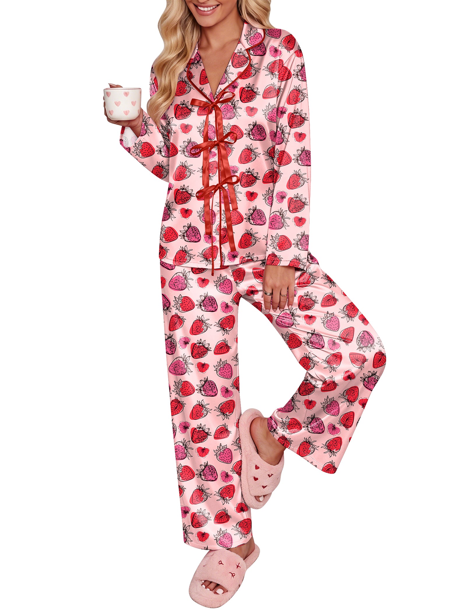 Pink cherry satin pajama set with long sleeves and bow-tie notch collar, side view