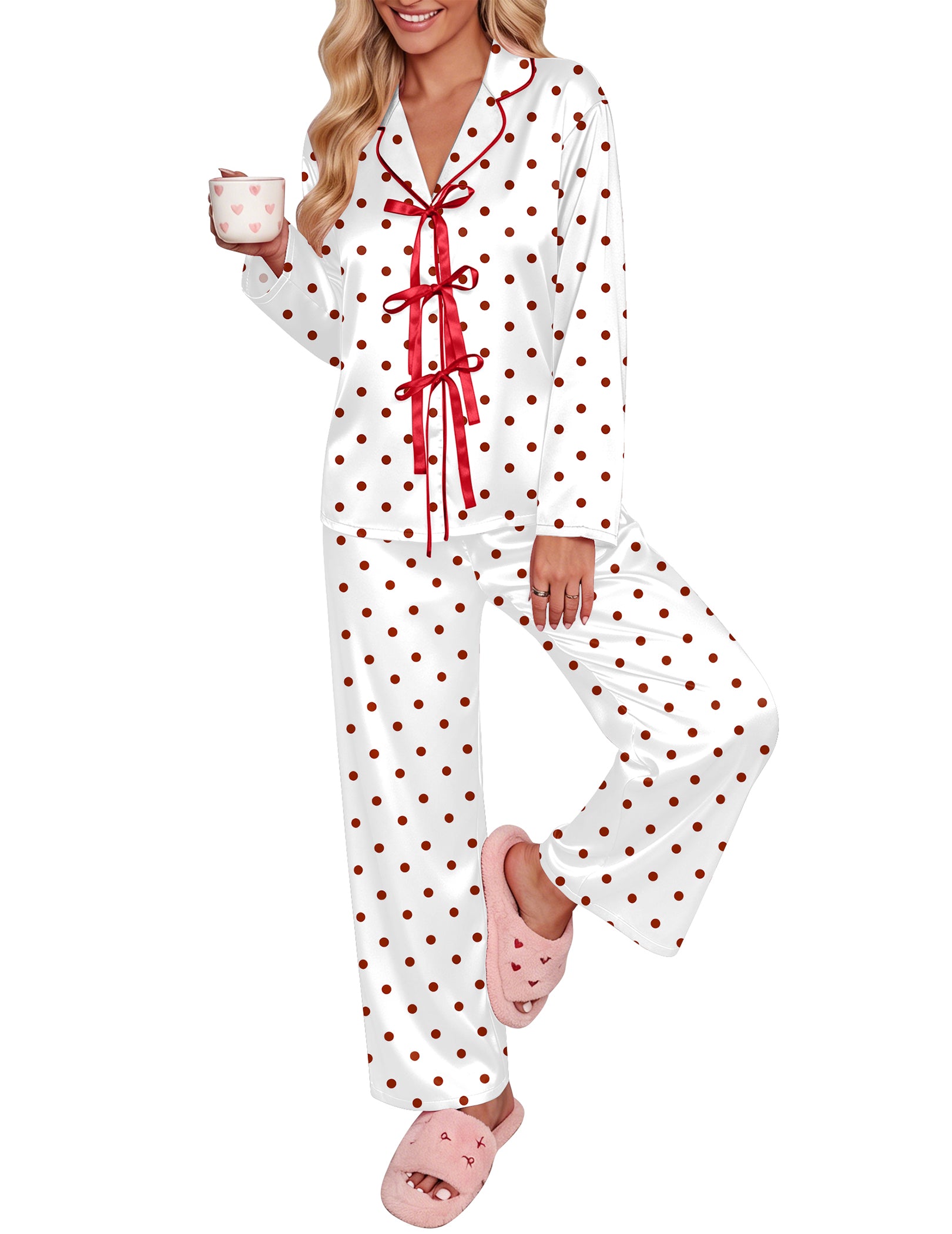 White satin pajama set with red polka dots, long sleeves, bow-tie notch collar