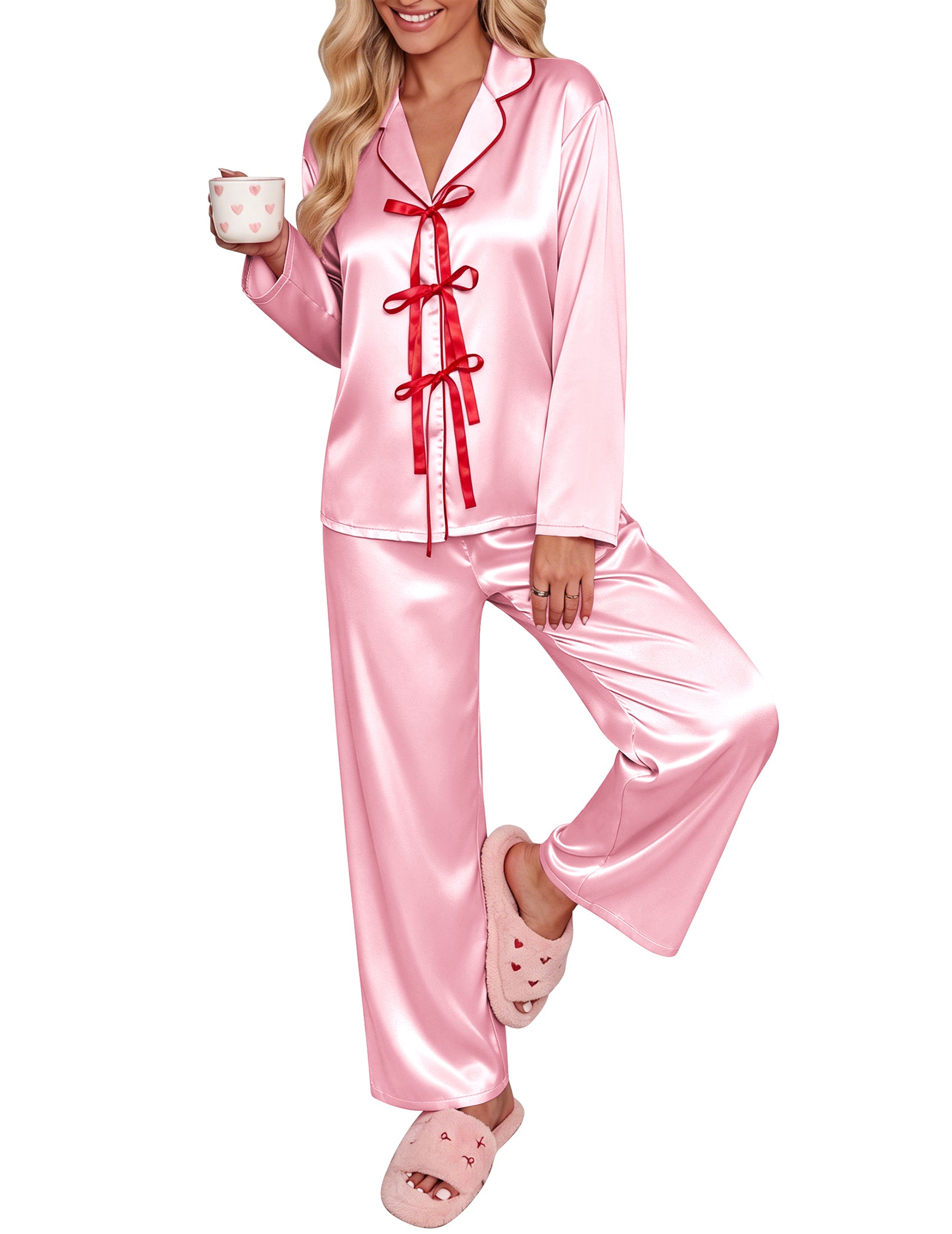 Light pink satin pajama set with long sleeves, bow-tie notch collar, red tie detail