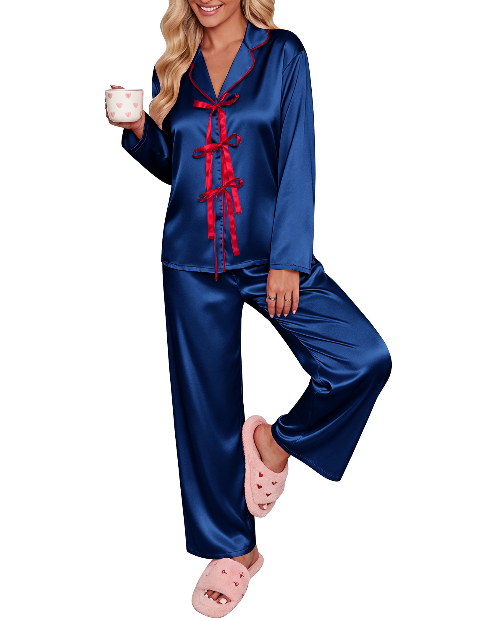 Navy satin pajama set with long sleeves, bow-tie notch collar, red ribbon tie