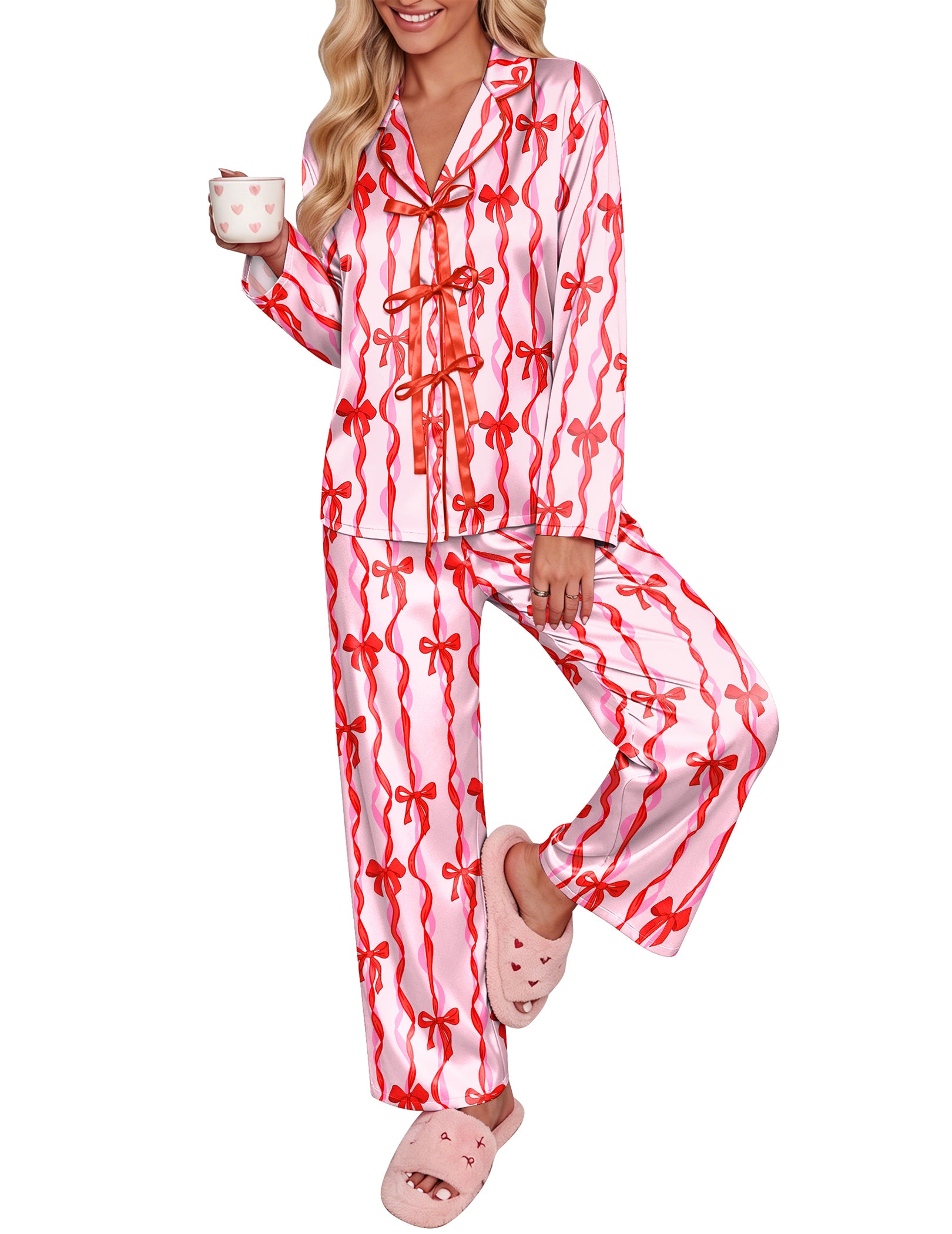 White satin pajama set with red bow print, long sleeves, bow-tie notch collar