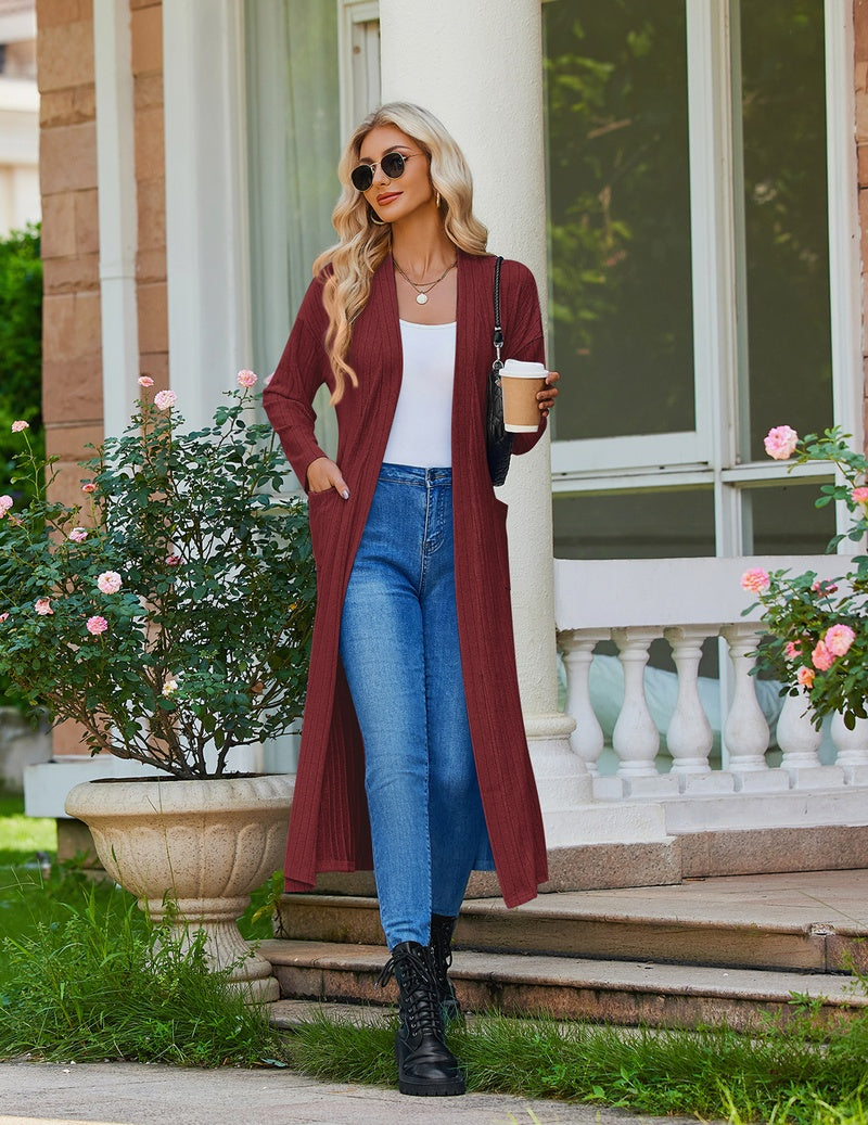 Ribbed knit long kimono robe in burgundy with open front and waist tie.