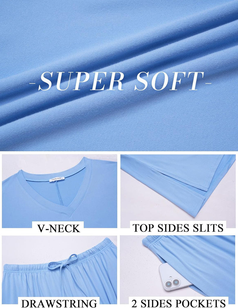 Women’s short-sleeve pajama set in light blue with V-neck and drawstring waist pants