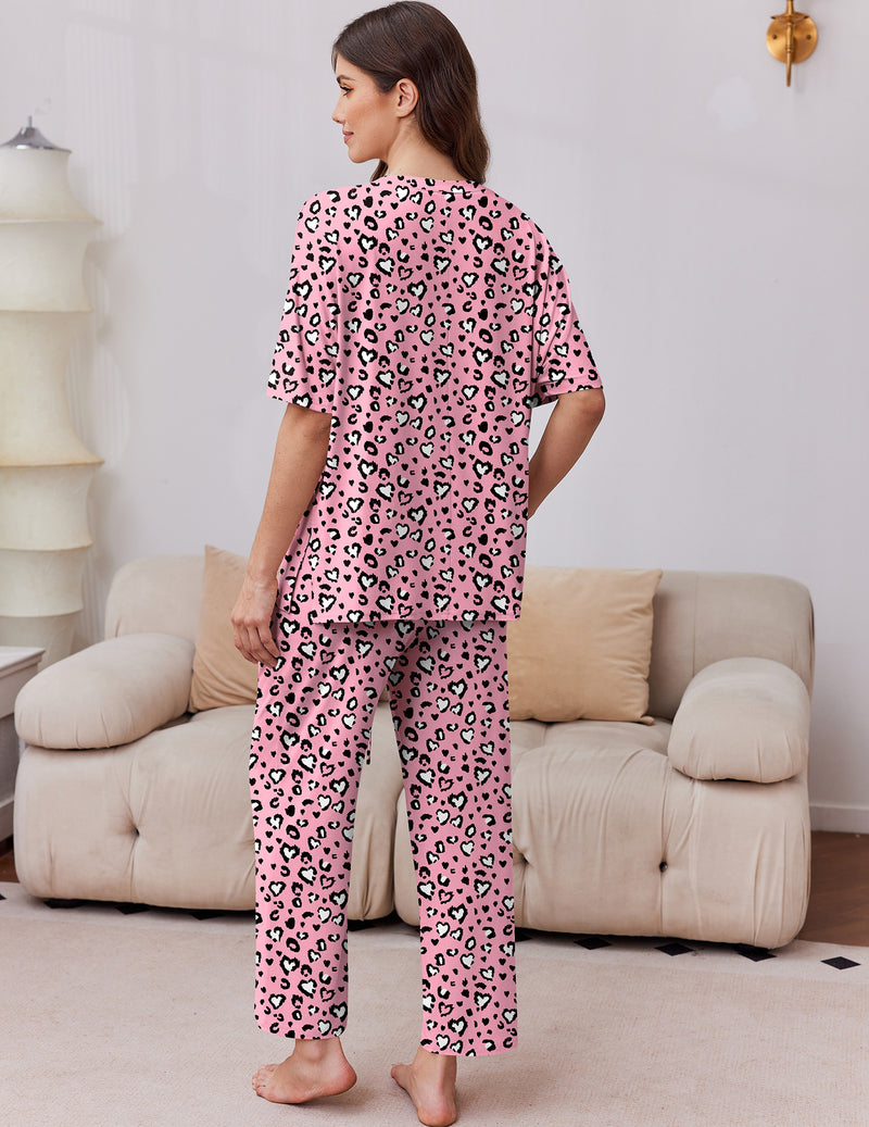 Pink leopard print short-sleeve pajama set with matching wide-leg pants