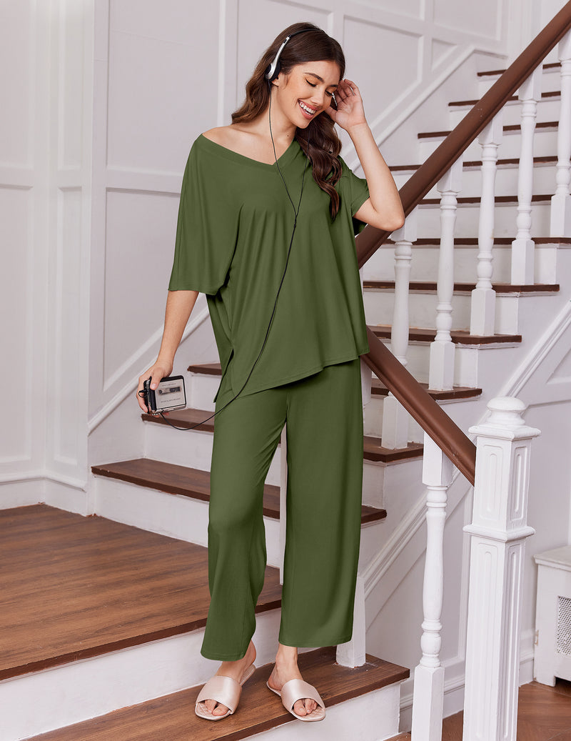 Olive green short-sleeve pajama set with loose top and wide-leg pants