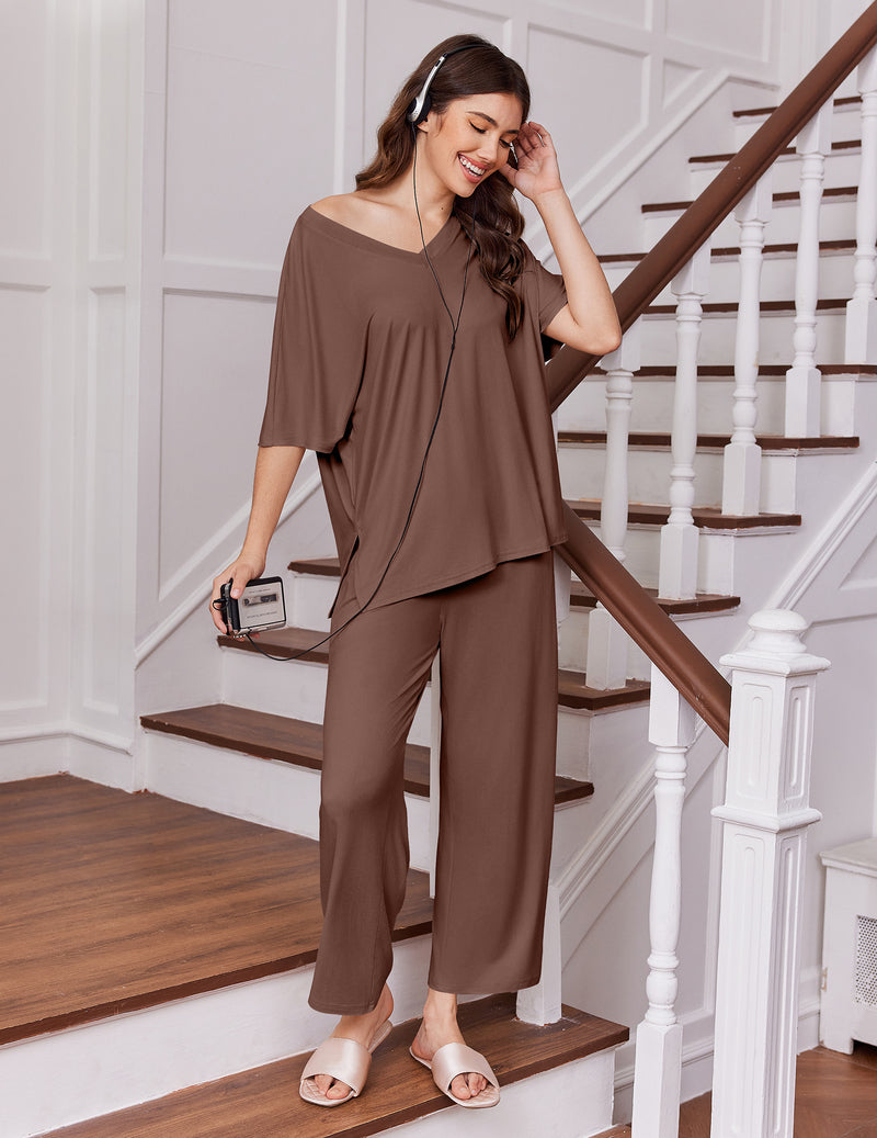 Brown short-sleeve pajama set with loose top and wide-leg pants