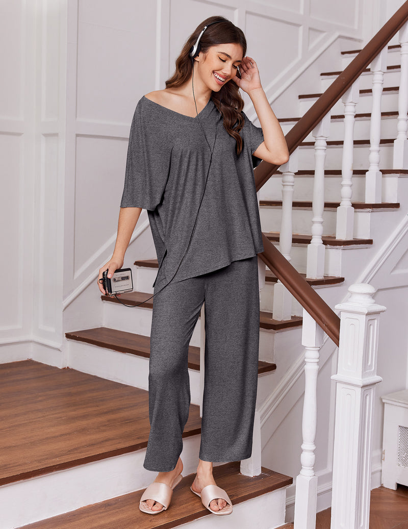 Dark gray short-sleeve pajama set with loose top and wide-leg pants