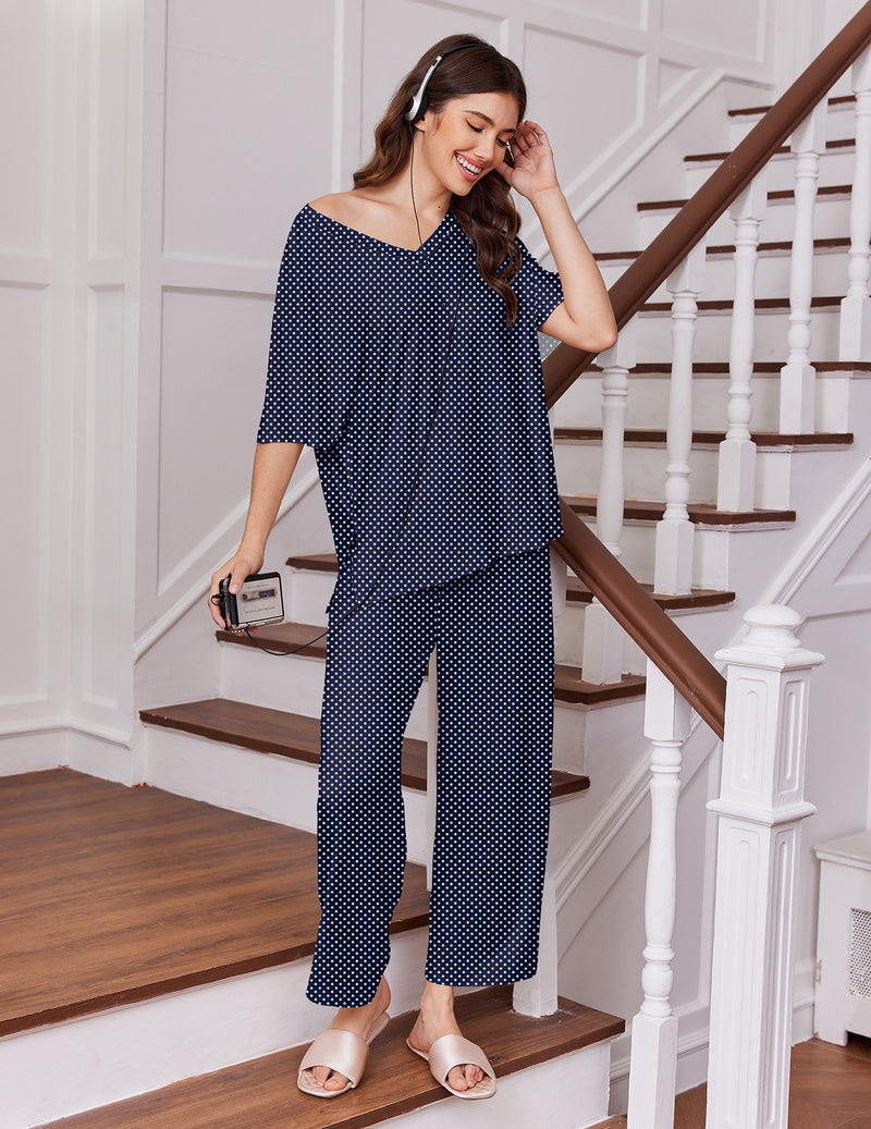 Navy short-sleeve pajama set with small dot print and wide-leg pants