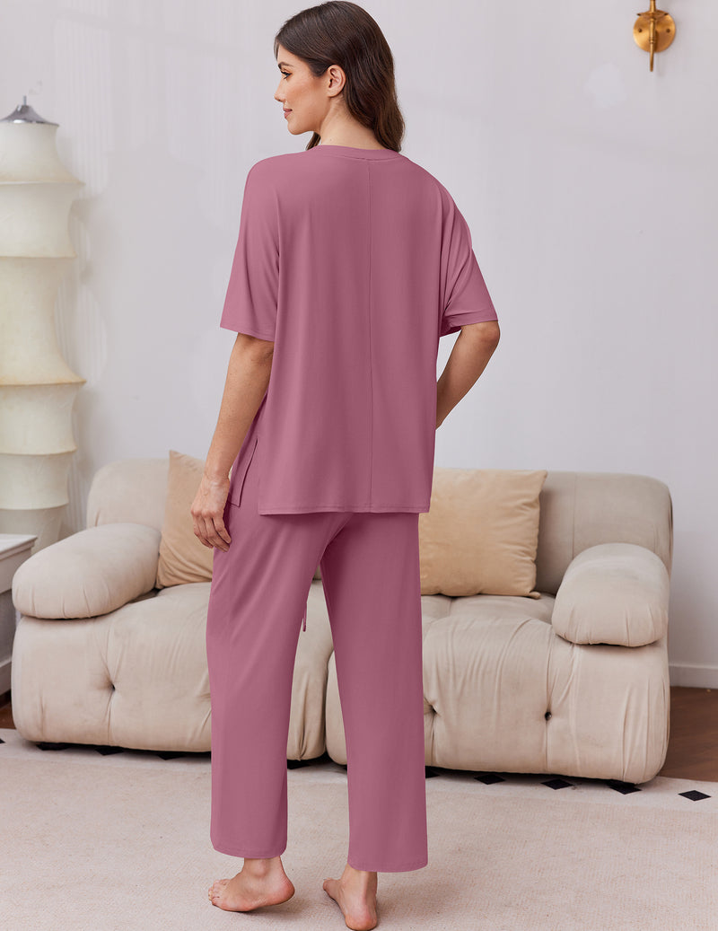 Mauve pink short-sleeve pajama set with loose top and wide-leg pants
