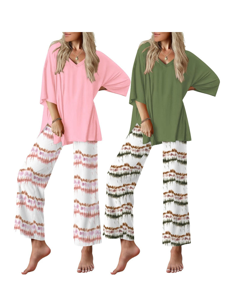 Women’s short-sleeve pajama set, pink or green V-neck tunic tops with striped pants