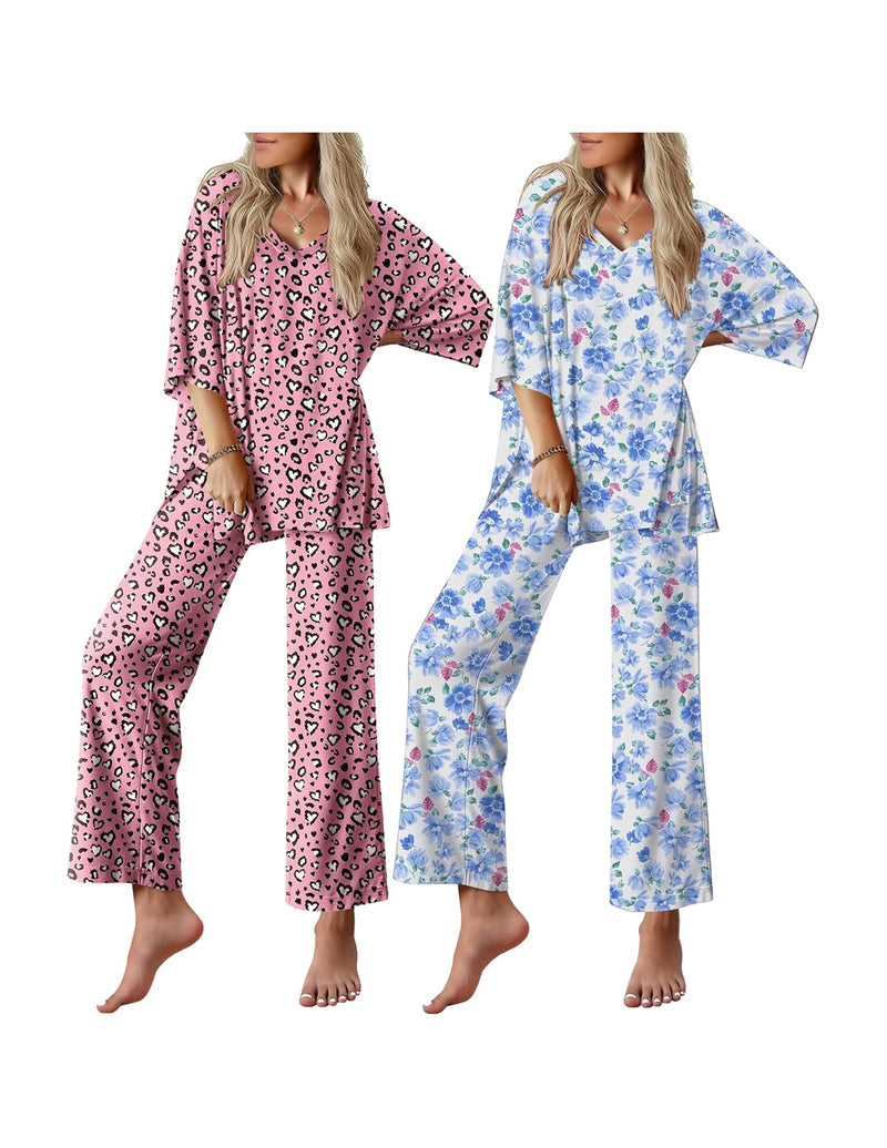 Women’s short-sleeve pajama set, pink leopard or blue floral V-neck tunics and long pants
