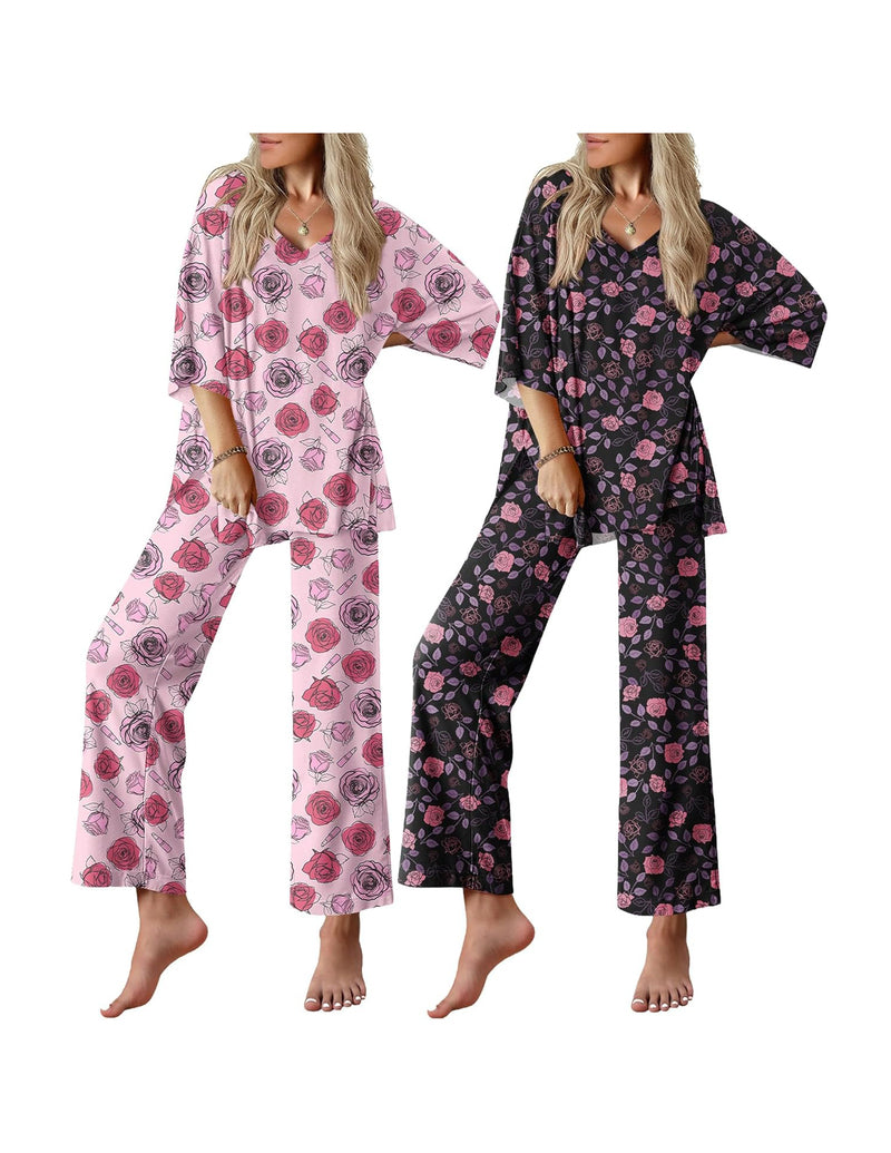 Women’s short-sleeve pajama set, pink rose print or black rose print V-neck tunics and pants