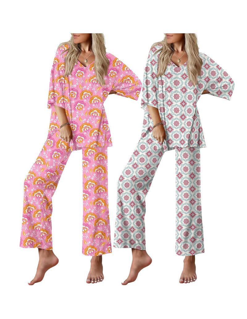 Women’s short-sleeve pajama set, yellow patterned or white teal patterned V-neck tunics