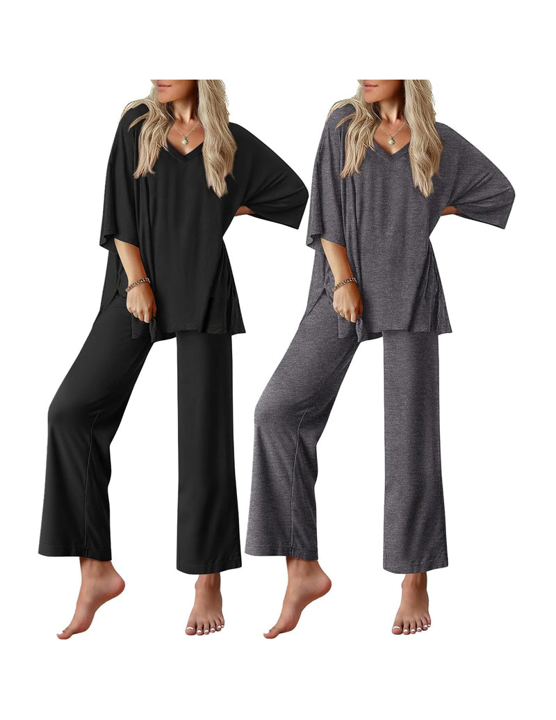 Women’s short-sleeve pajama set, black or dark gray V-neck tunics with wide-leg pants
