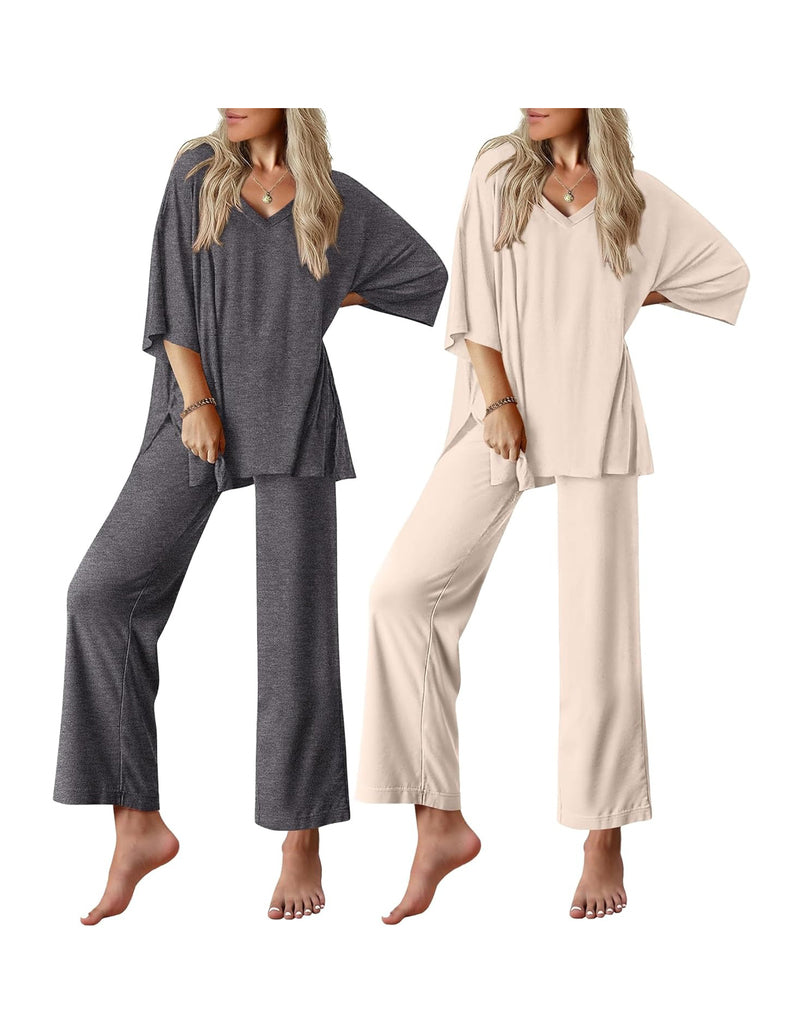 Women’s short-sleeve pajama set, charcoal or beige V-neck tunics with wide-leg pants