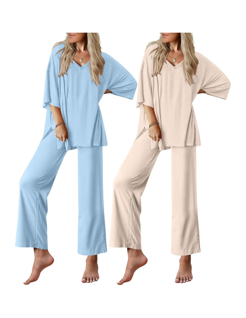 Women’s short-sleeve pajama set, light blue or beige V-neck tunics with wide-leg pants