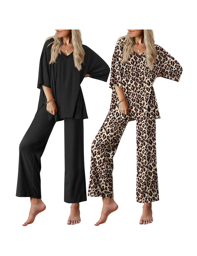 Two-piece short-sleeve pajama sets in black and leopard print, with wide-leg pants