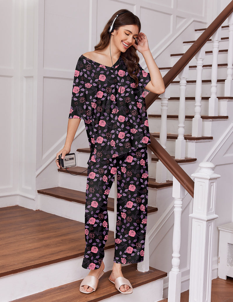 Black floral short-sleeve pajama set with matching long pants