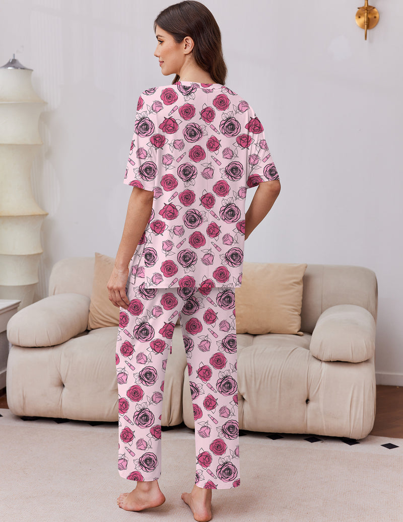White short-sleeve pajama set with rose print and matching long pants